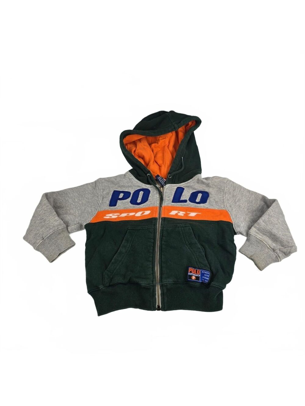 Vintage 90s Ralph Lauren Polo Sport Boy Zip Hoodie Sweatshirt Green Orange Gray